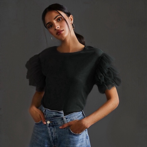 NWT Anthropologie Lea & Viola tulle/ ruffle sleeve top ❤️ - Picture 2 of 8